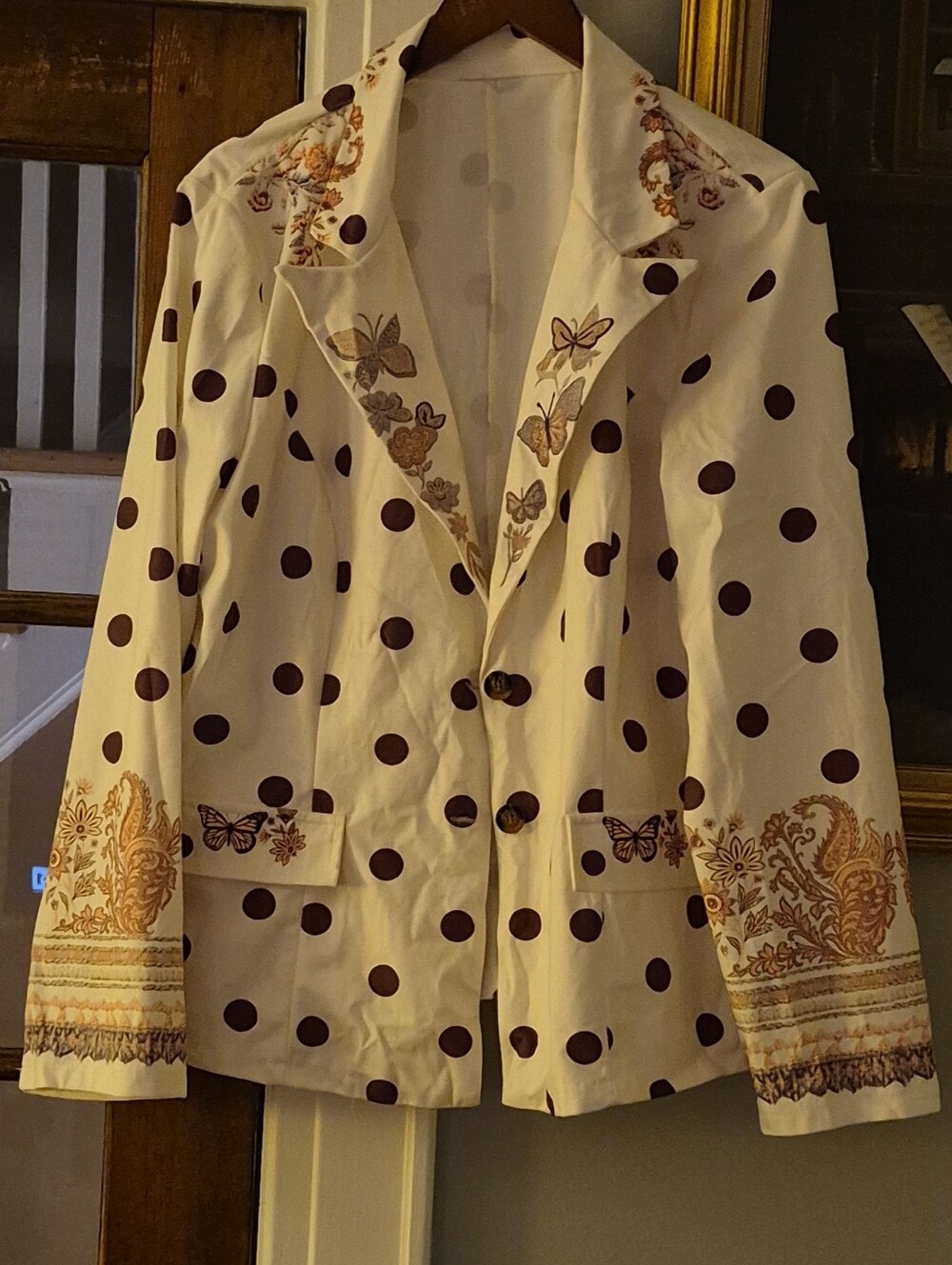 Polka Dot Embroidered Women's Blazer Jacket - Cream with Brown Dots
